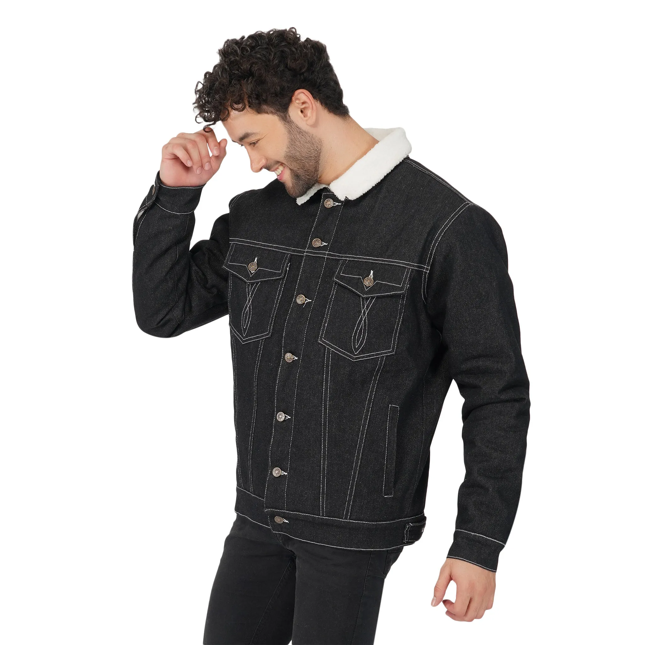 SLAY. Men's Full Sleeves Black Solid Embroidered Button-Down Black Denim Jacket with Faux-fur Lining