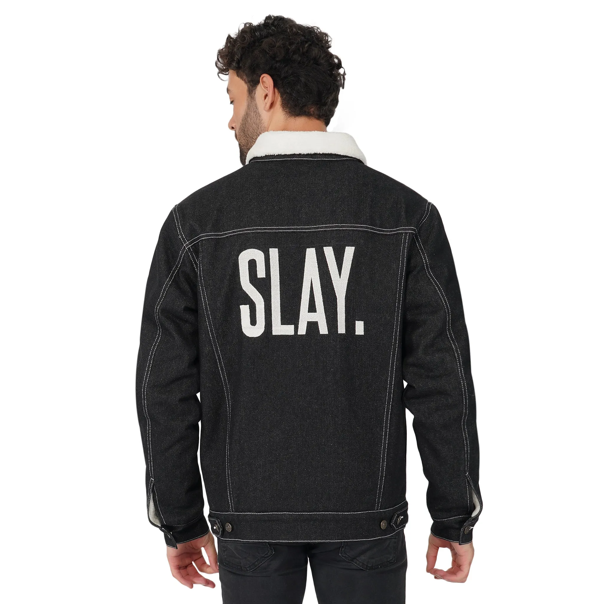 SLAY. Men's Full Sleeves Black Solid Embroidered Button-Down Black Denim Jacket with Faux-fur Lining