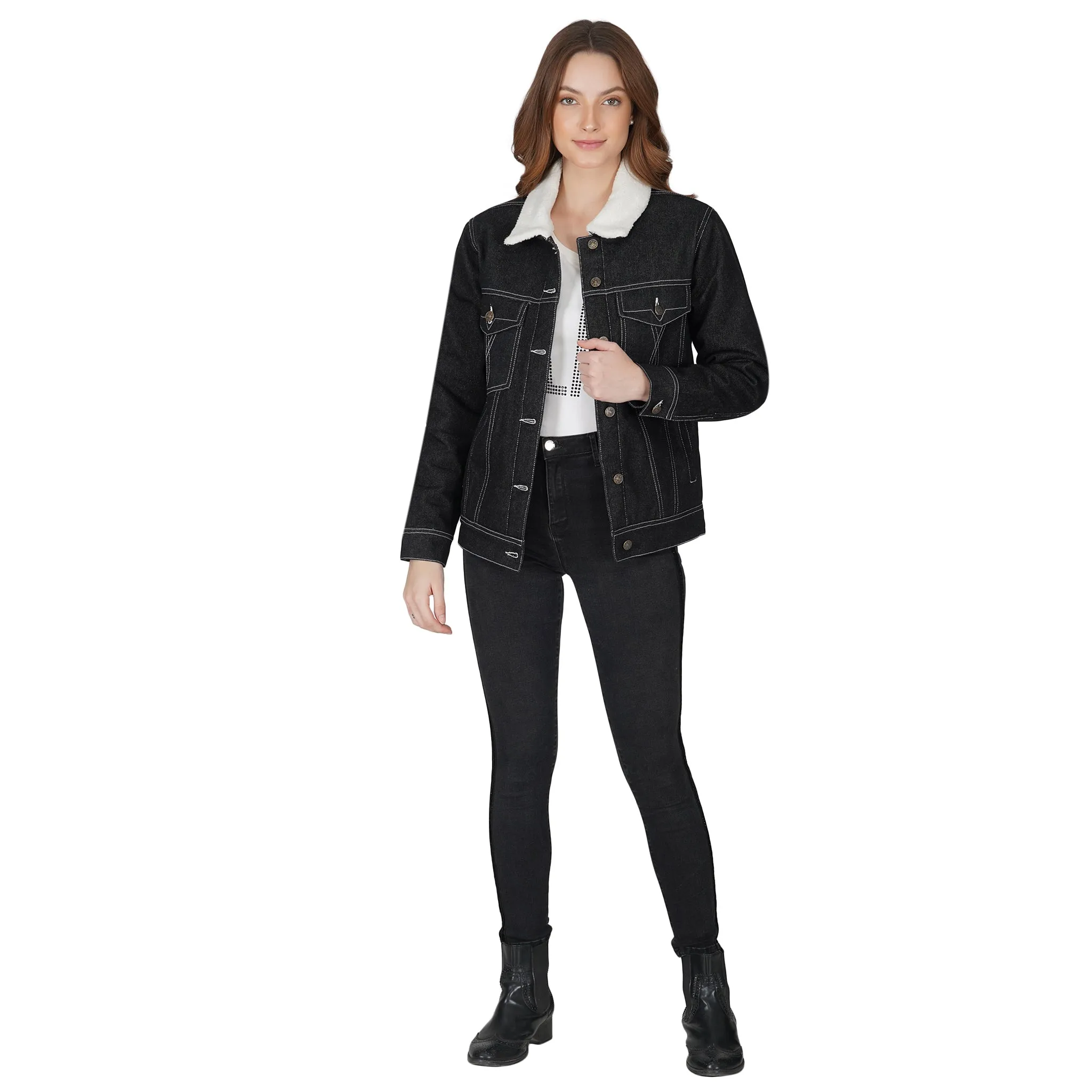 SLAY. Women's Embroidered Black Denim Jacket with Faux-fur Lining