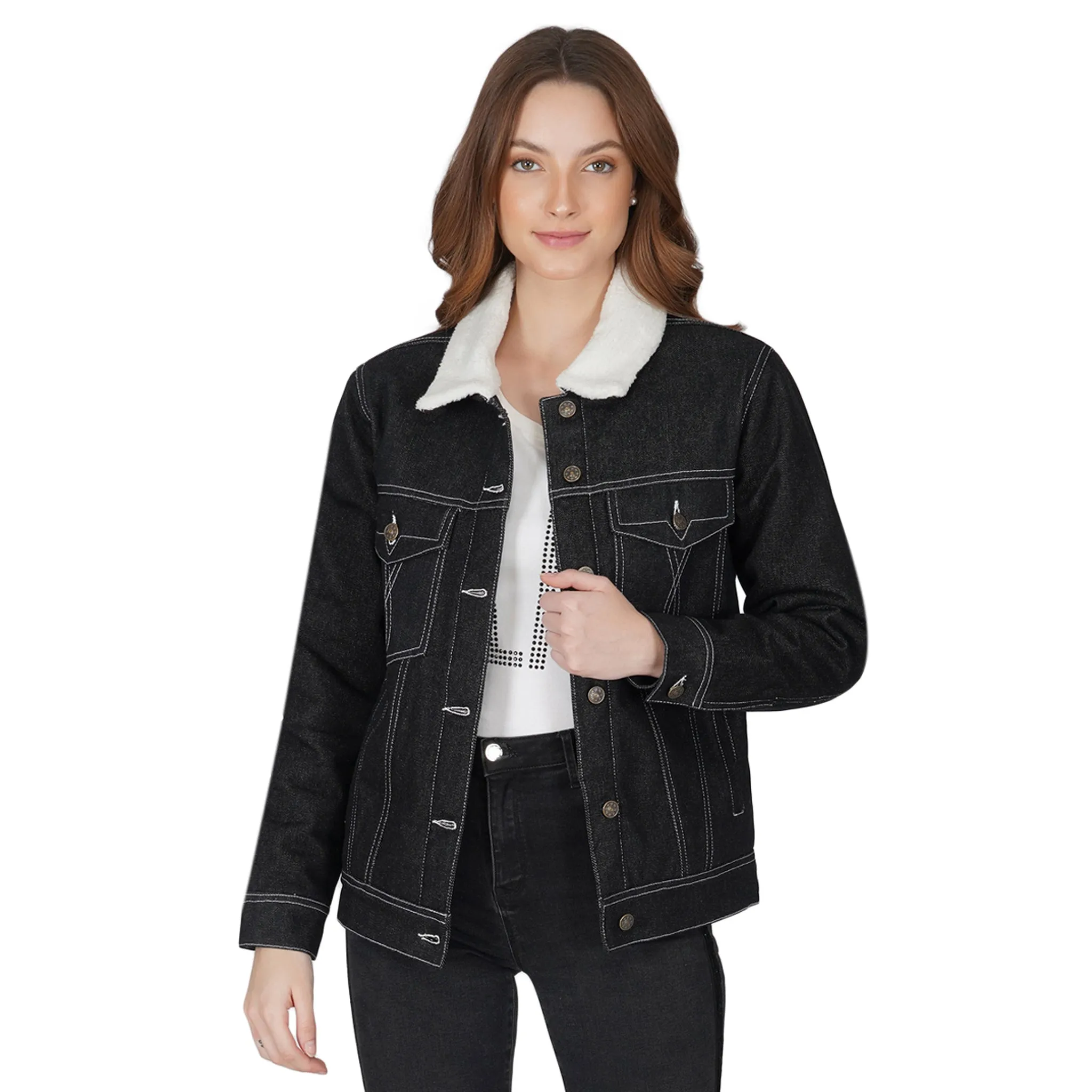 SLAY. Women's Embroidered Black Denim Jacket with Faux-fur Lining