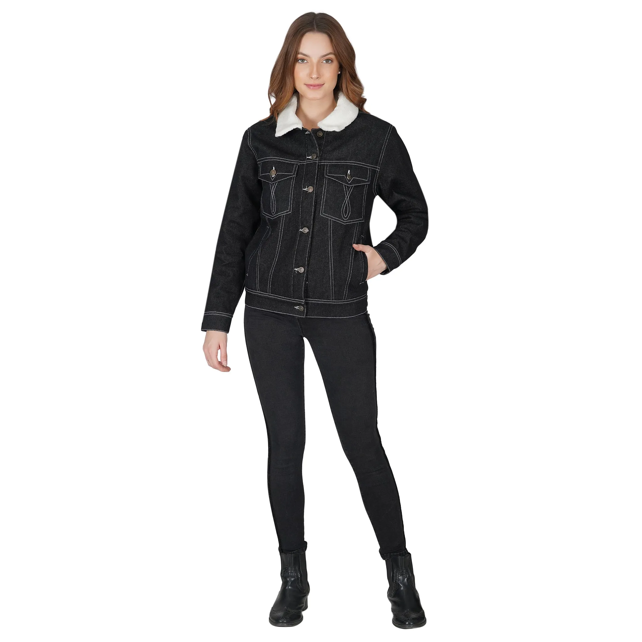 SLAY. Women's Embroidered Black Denim Jacket with Faux-fur Lining