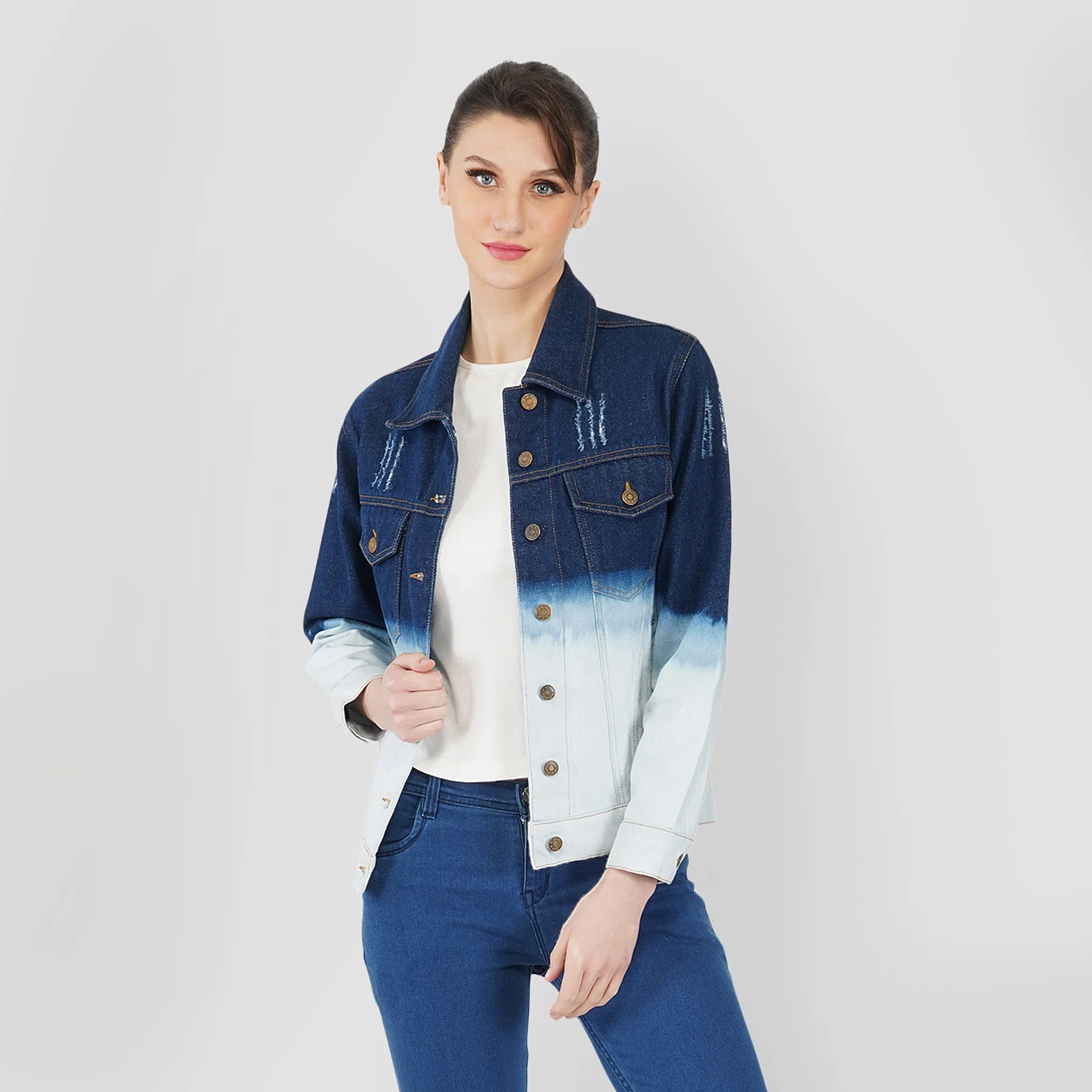 SLAY. Women's Embroidered Ombre Effect Ripped Denim Jacket