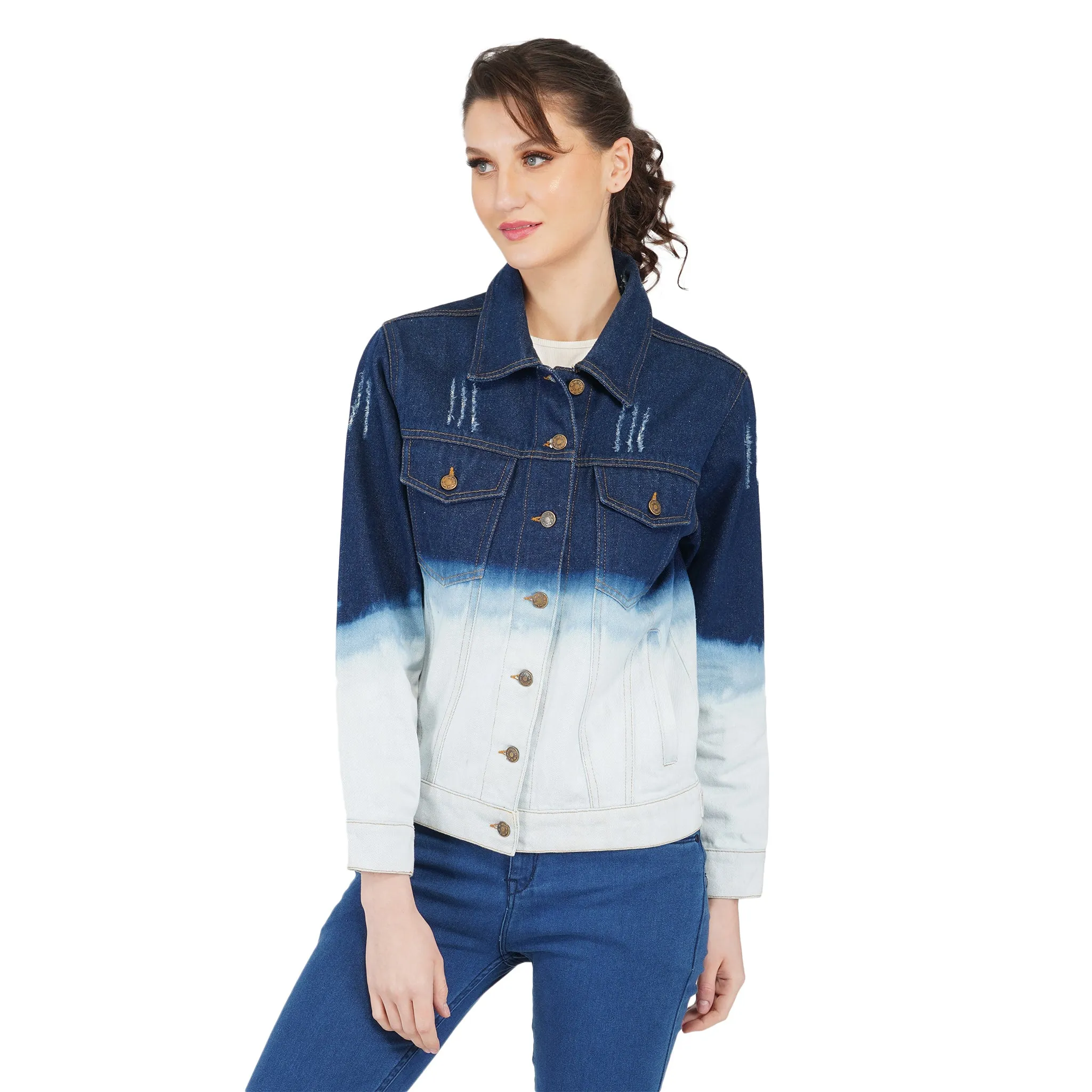 SLAY. Women's Embroidered Ombre Effect Ripped Denim Jacket