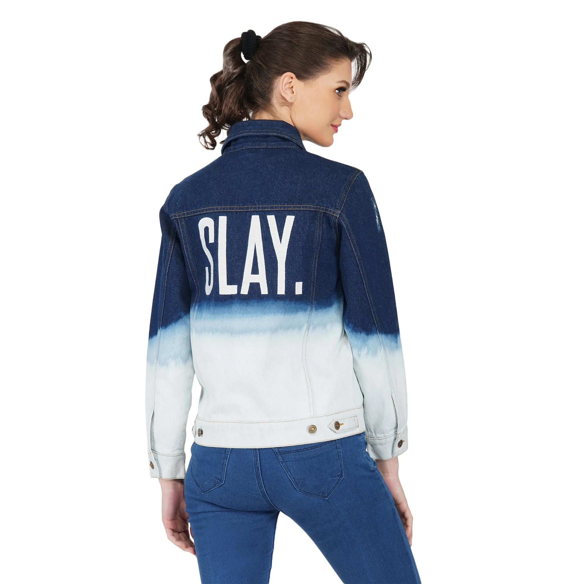 SLAY. Women's Embroidered Ombre Effect Ripped Denim Jacket