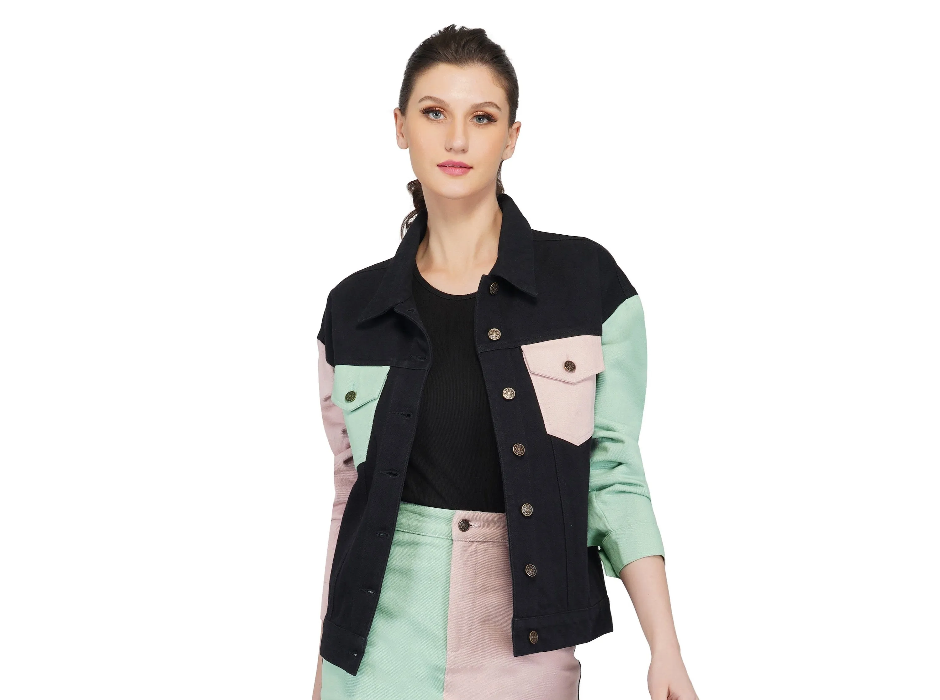 SLAY. Women's Flap Pocket Colorblock Denim Jacket