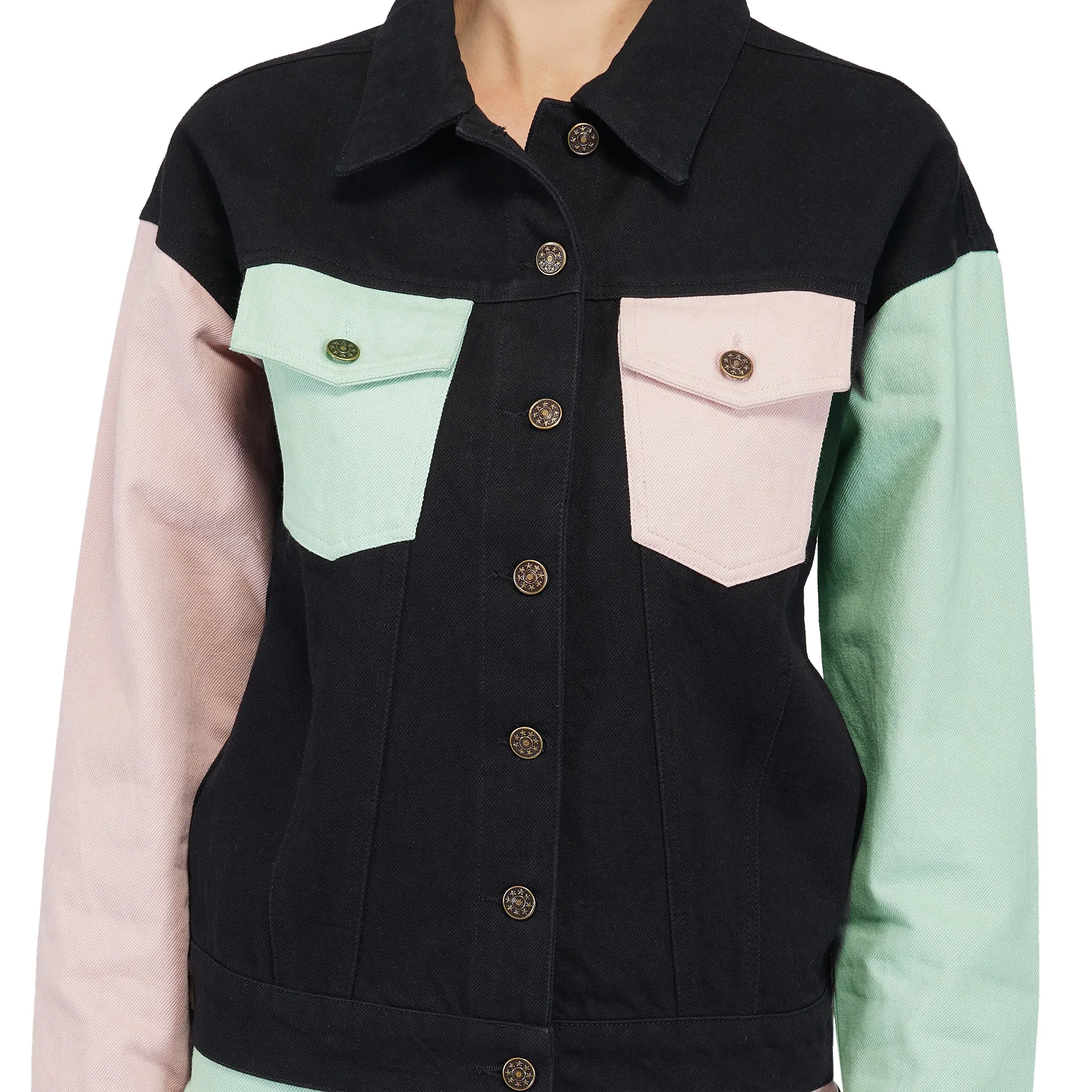 SLAY. Women's Flap Pocket Colorblock Denim Jacket