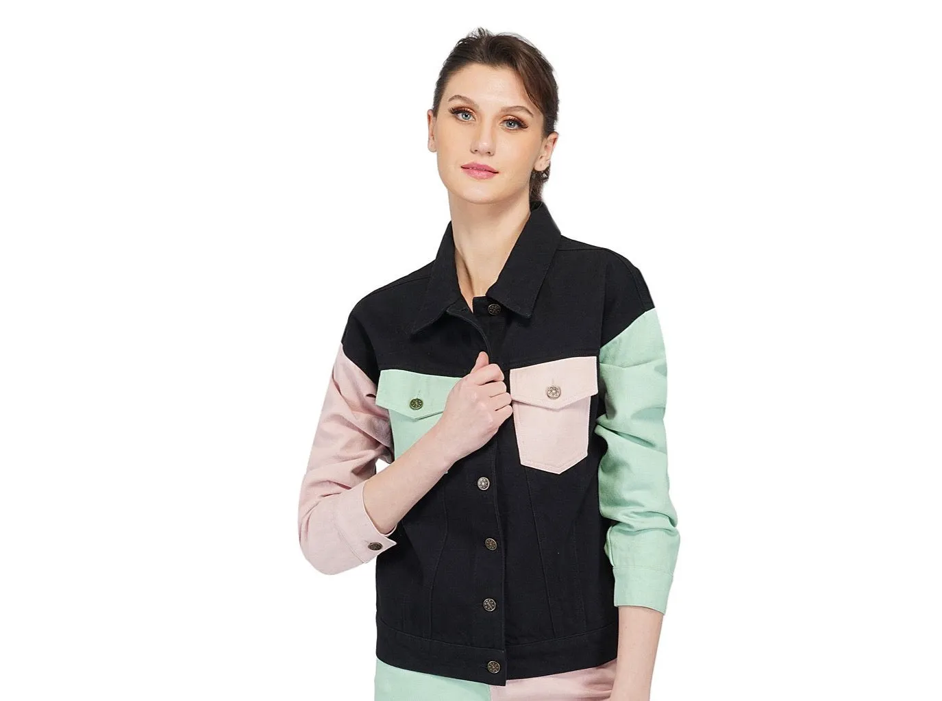 SLAY. Women's Flap Pocket Colorblock Denim Jacket