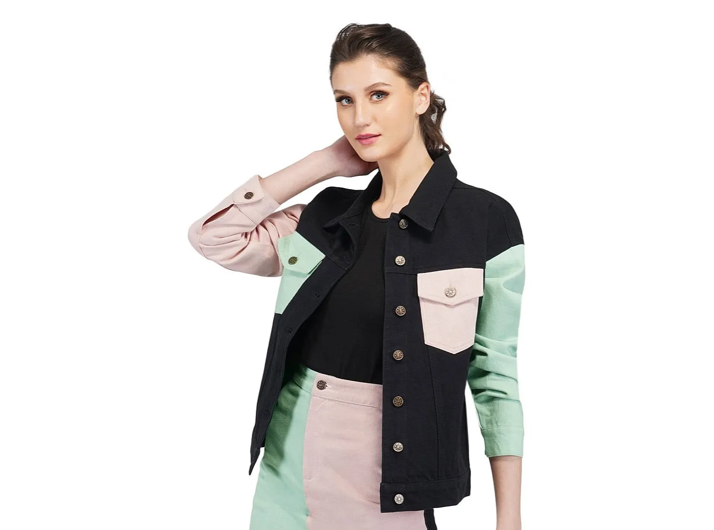 SLAY. Women's Flap Pocket Colorblock Denim Jacket