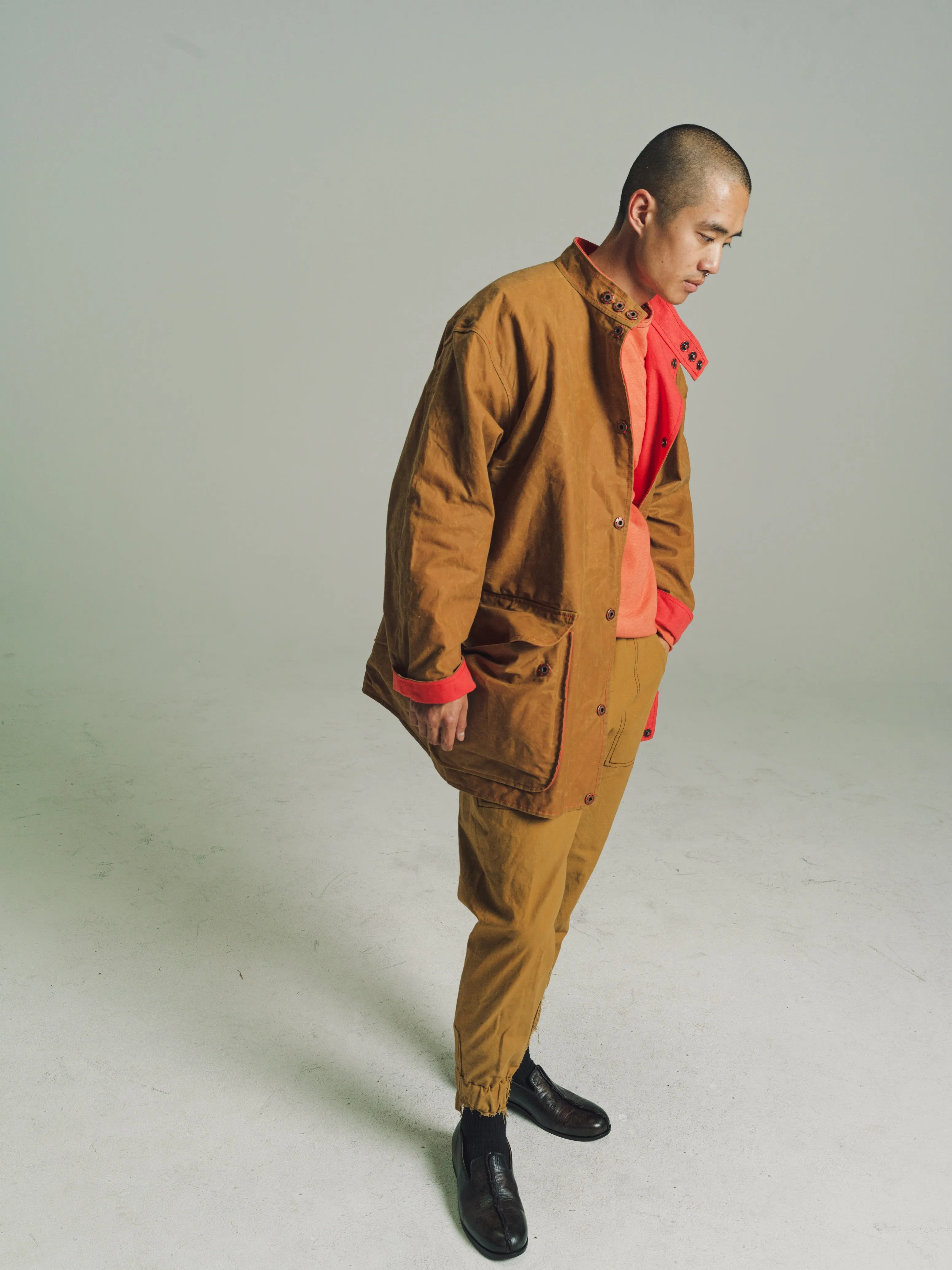 Stand Collar Coat in Wax Cotton & Hand Dyed Heavy Canvas