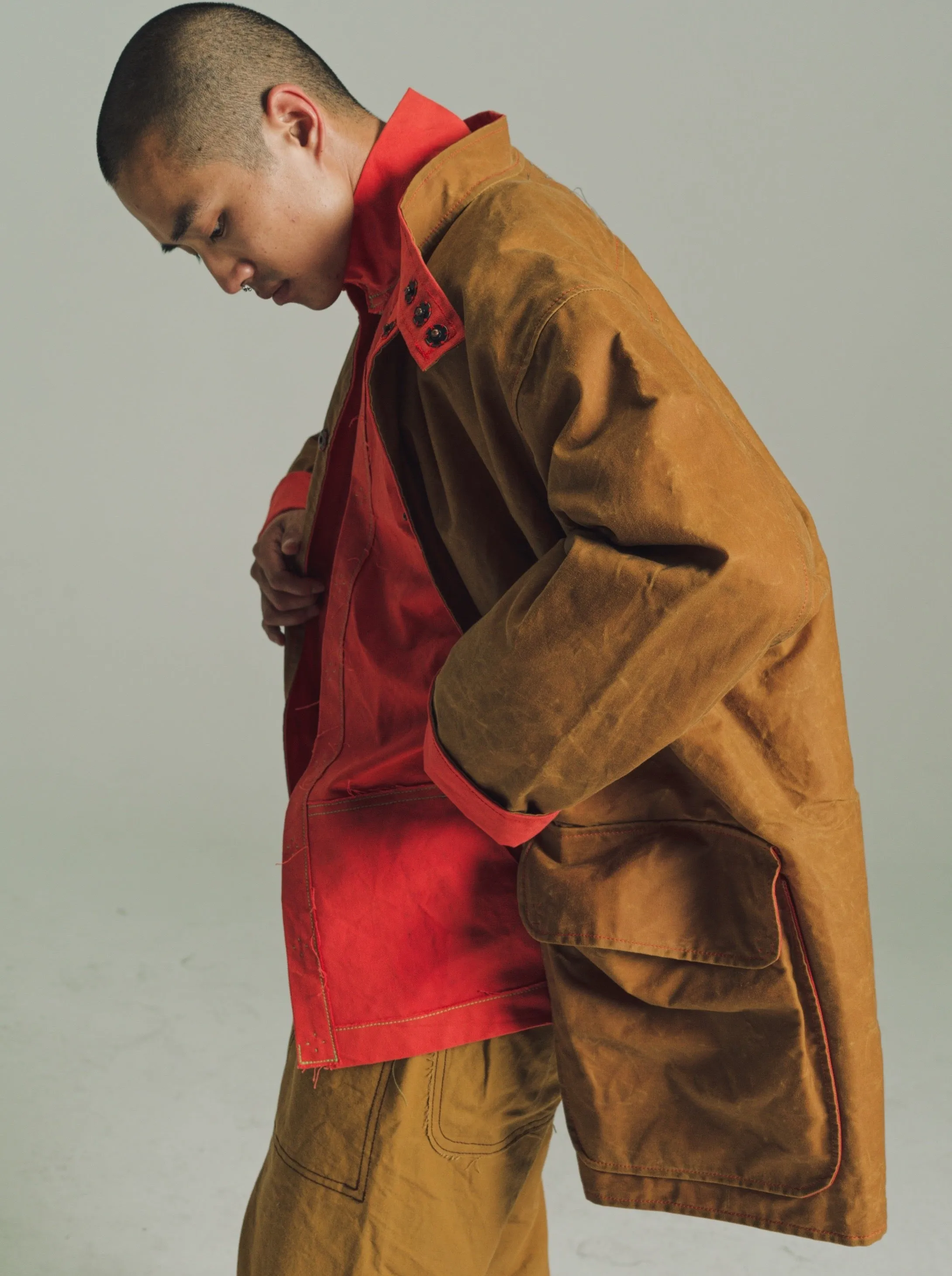 Stand Collar Coat in Wax Cotton & Hand Dyed Heavy Canvas