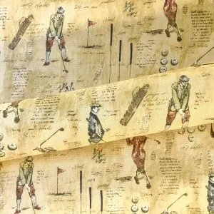 Tan Thorpe Vintage Golf Print Cotton Upholstery Fabric 54"