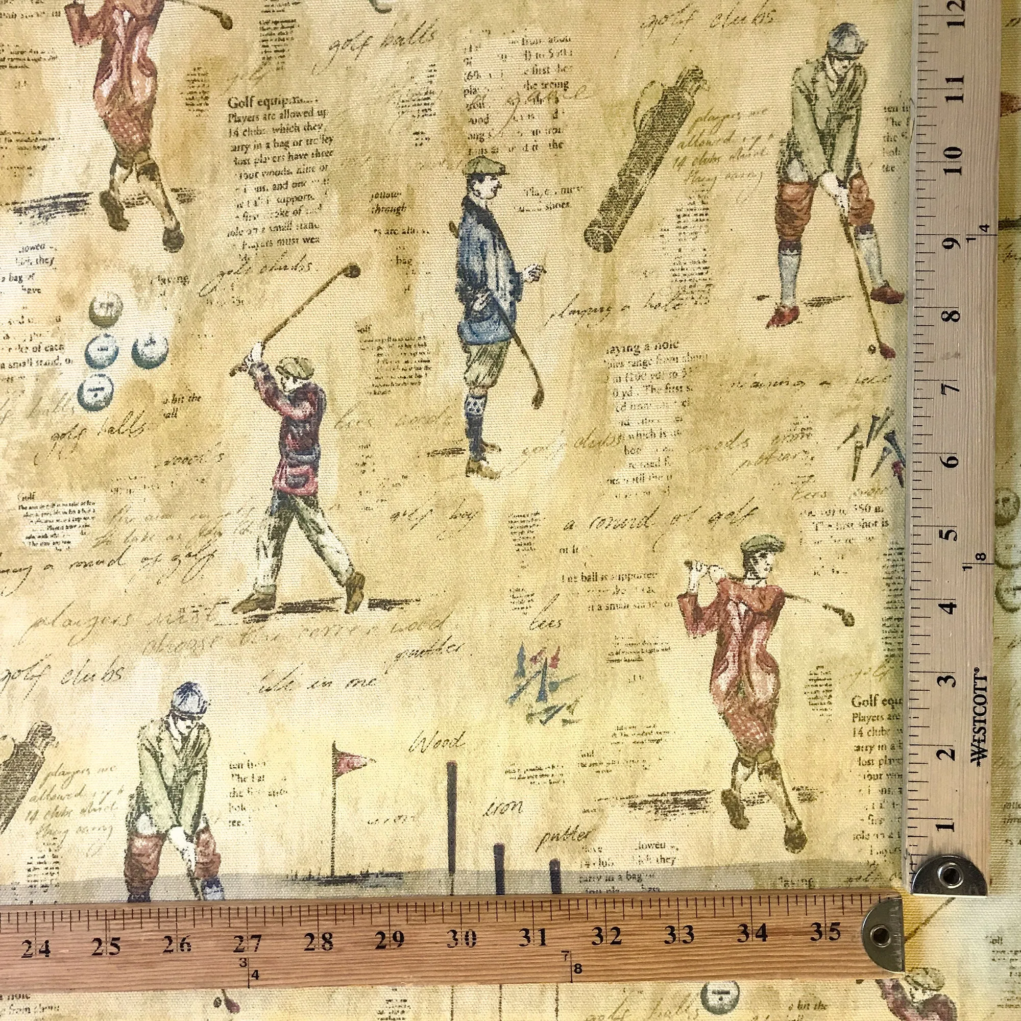 Tan Thorpe Vintage Golf Print Cotton Upholstery Fabric 54"