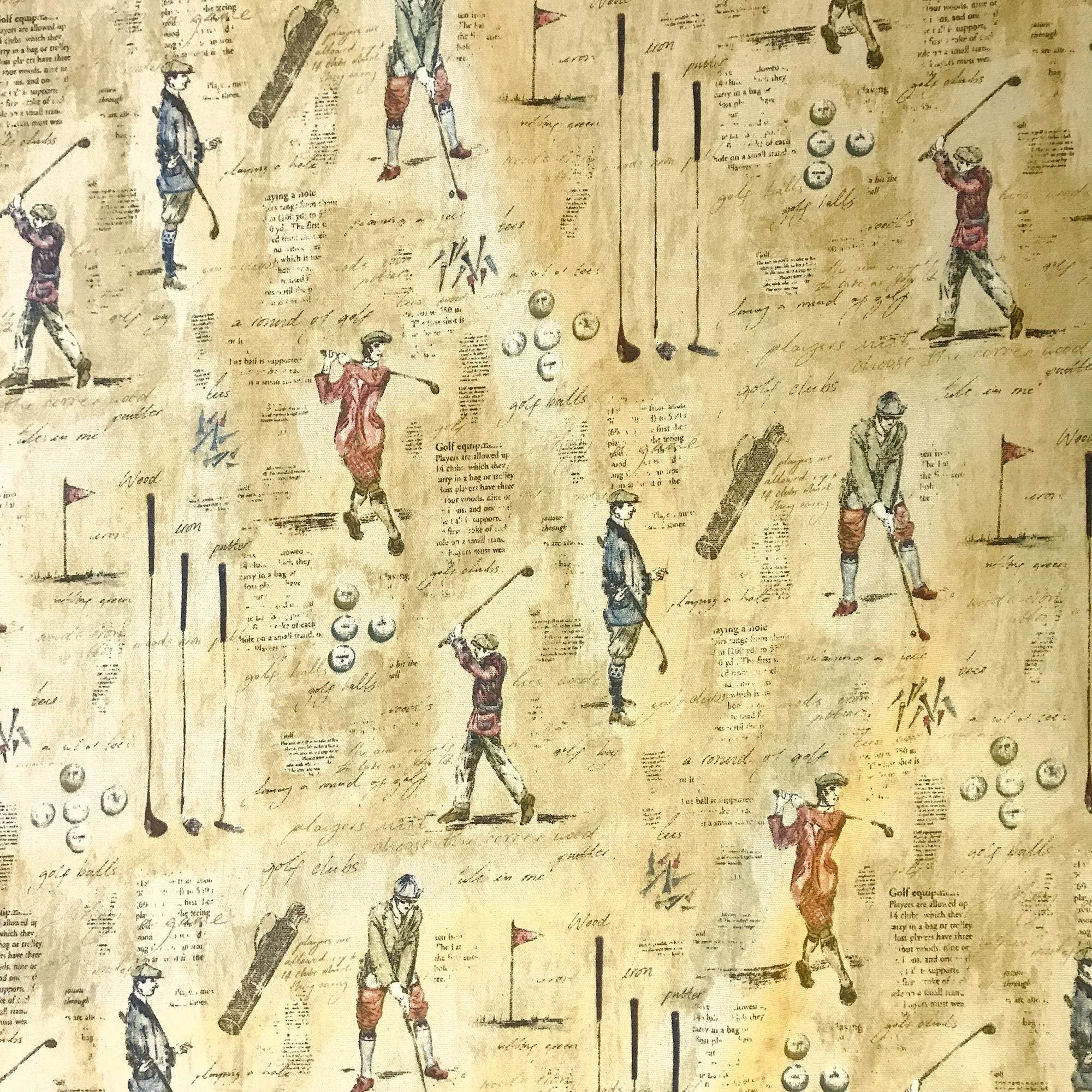 Tan Thorpe Vintage Golf Print Cotton Upholstery Fabric 54"