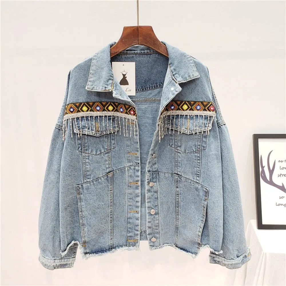 Tassel Embroidery Flowers Denim Loose Long Sleeve Short Jacket