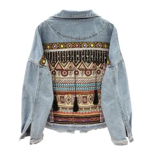 Tassel Embroidery Flowers Denim Loose Long Sleeve Short Jacket