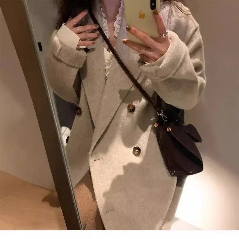 TAVIMART  -  new Women Wool Blend Coat Solid Mid Long Woolen Blazer Thick Warm Blouse Women's Overcoat Office Lady Tops Autumn Winter