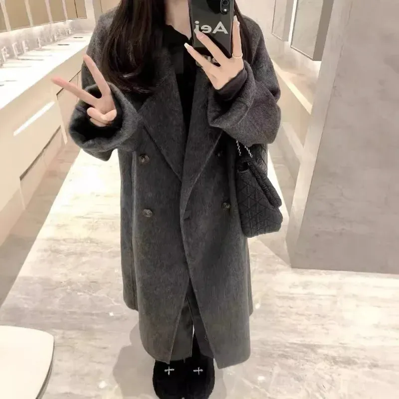 TAVIMART  -  new Women Wool Blend Coat Solid Mid Long Woolen Blazer Thick Warm Blouse Women's Overcoat Office Lady Tops Autumn Winter