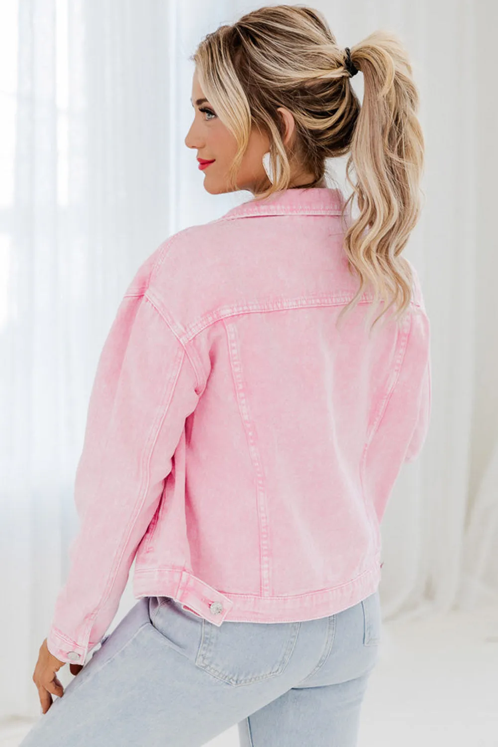 Wholesale Pink Light Wash Flap Pockets Button Up Denim Jacket