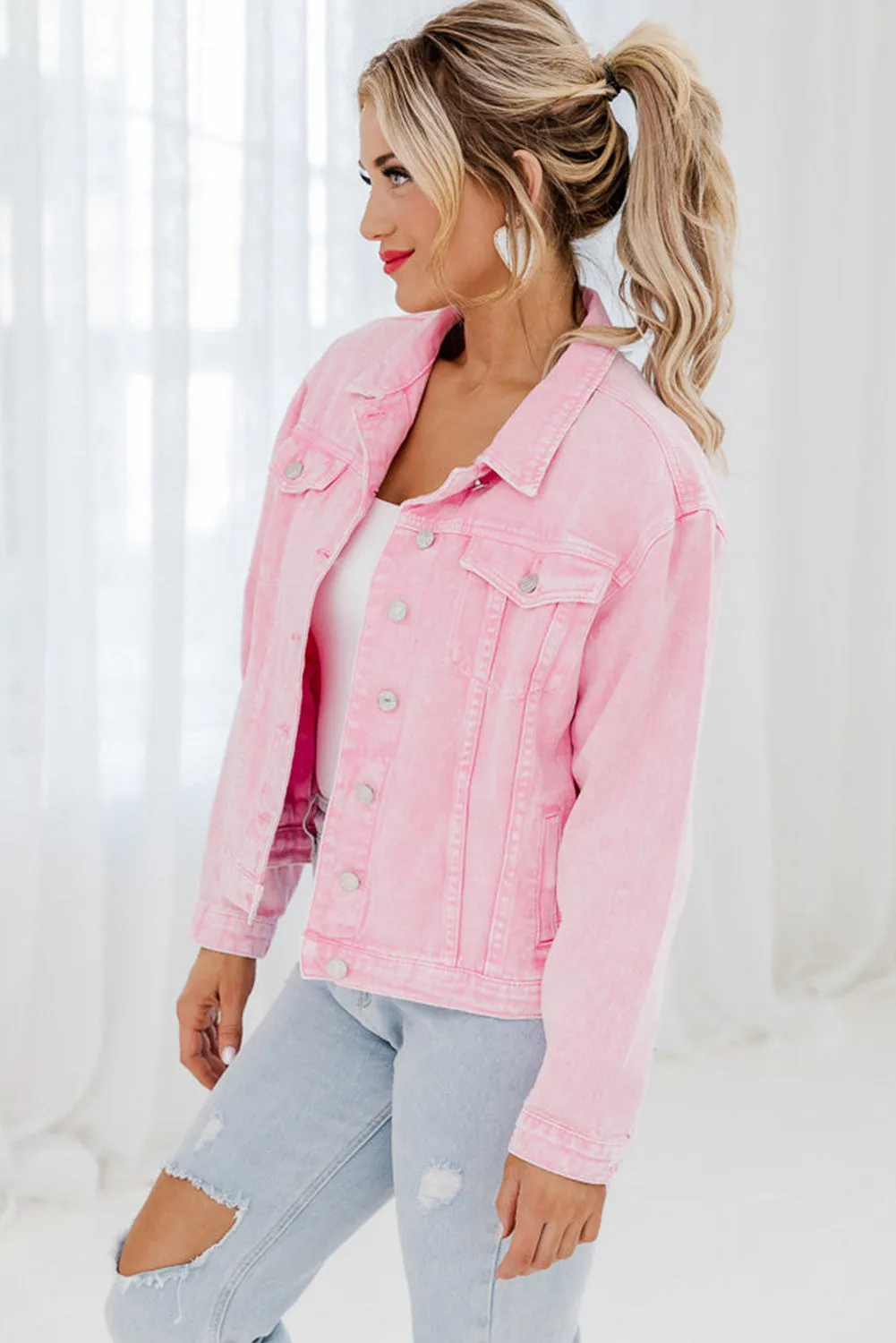 Wholesale Pink Light Wash Flap Pockets Button Up Denim Jacket