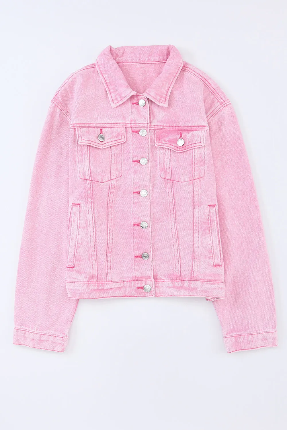 Wholesale Pink Light Wash Flap Pockets Button Up Denim Jacket