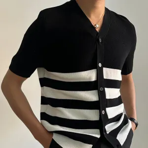 Wiaofellas  - Short Sleeved V-neck Cardigan British Contrasting Stripes Knitted Cardigan Men Coat Casual Knitted Breathable Versatile Top