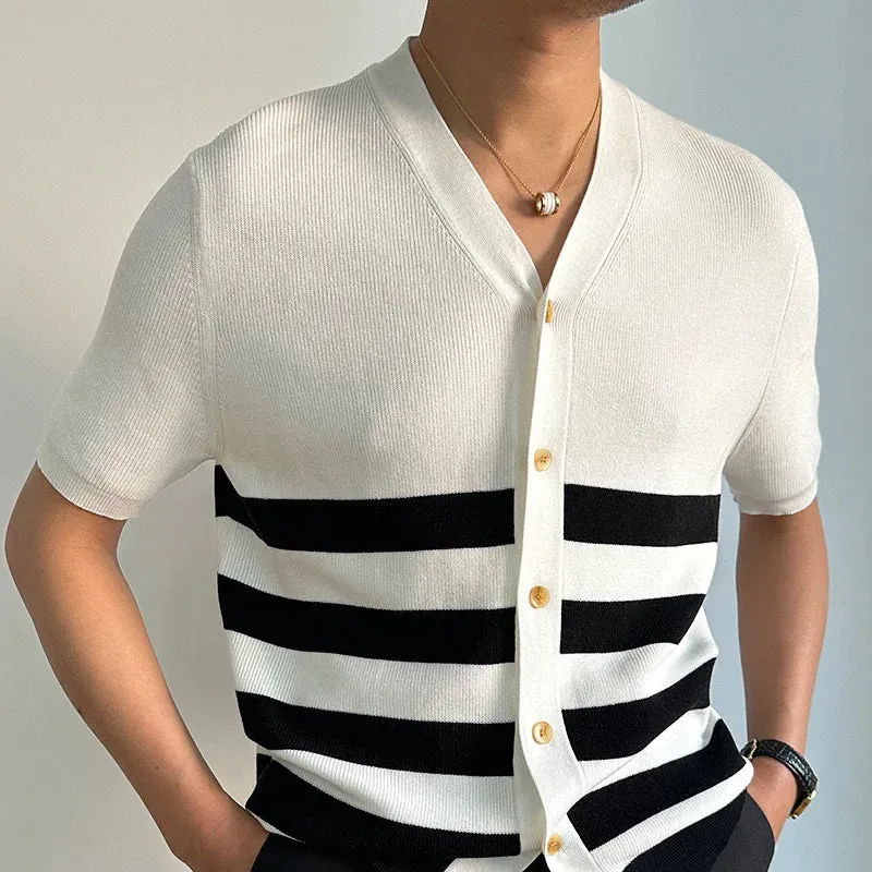 Wiaofellas  - Short Sleeved V-neck Cardigan British Contrasting Stripes Knitted Cardigan Men Coat Casual Knitted Breathable Versatile Top