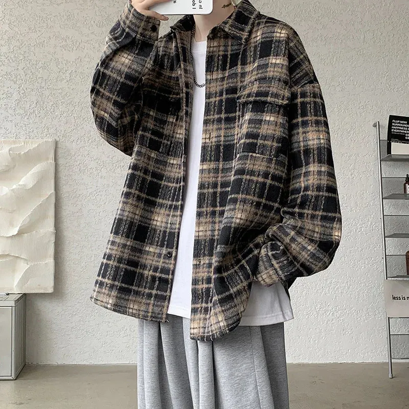 WIAOFELLAS  -  Winter Short Woolen Coat Men Warm Oversized Retro Plaid Woolen Jacket Men Streetwear Korean Loose Thick Woolen Coat Mens Jackets