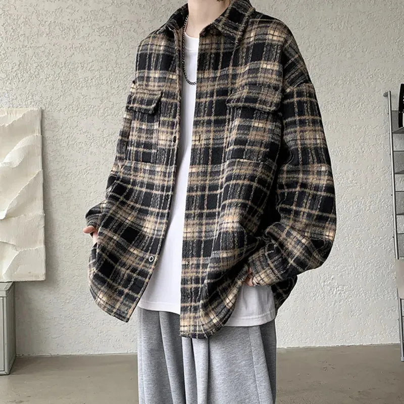 WIAOFELLAS  -  Winter Short Woolen Coat Men Warm Oversized Retro Plaid Woolen Jacket Men Streetwear Korean Loose Thick Woolen Coat Mens Jackets