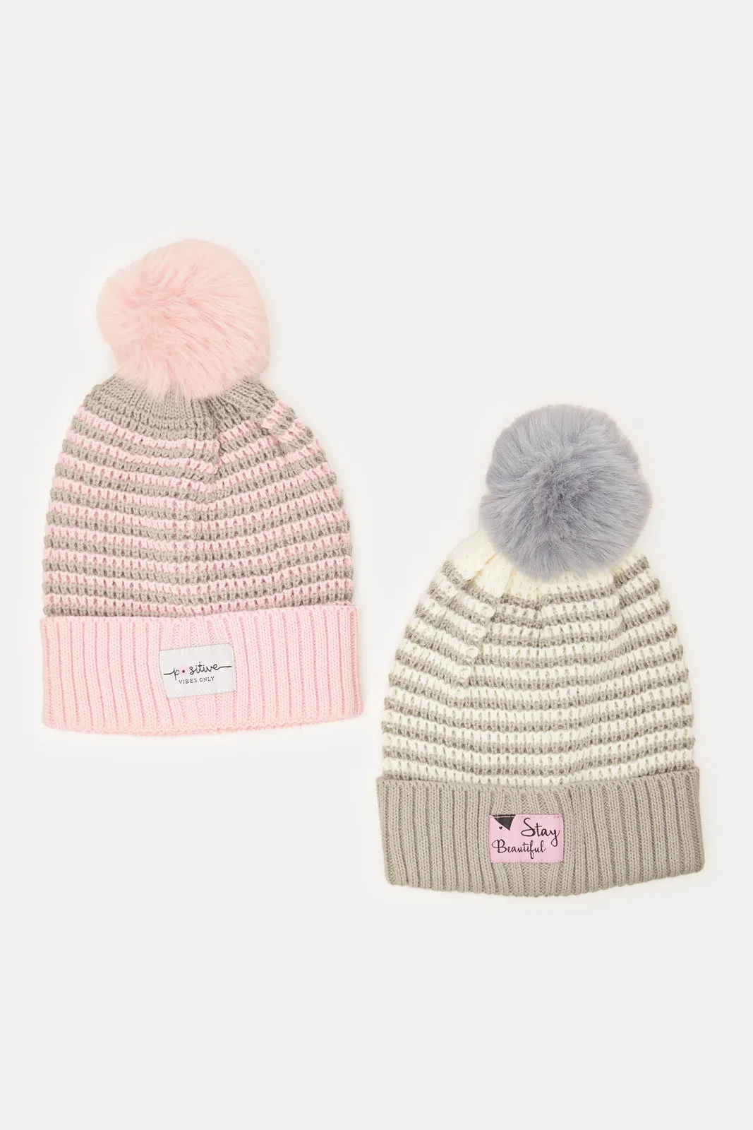 Women Pink And Grey Embellished Knitted Cap (Pack of 2)