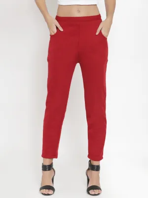 Women'S Maroon Woolen Solid Pant