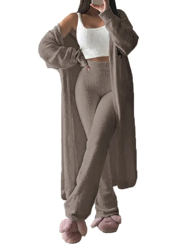 Womens Sexy 3 Piece Outfits Fuzzy Cardigan Crop Top Long Pants Set Loungewear