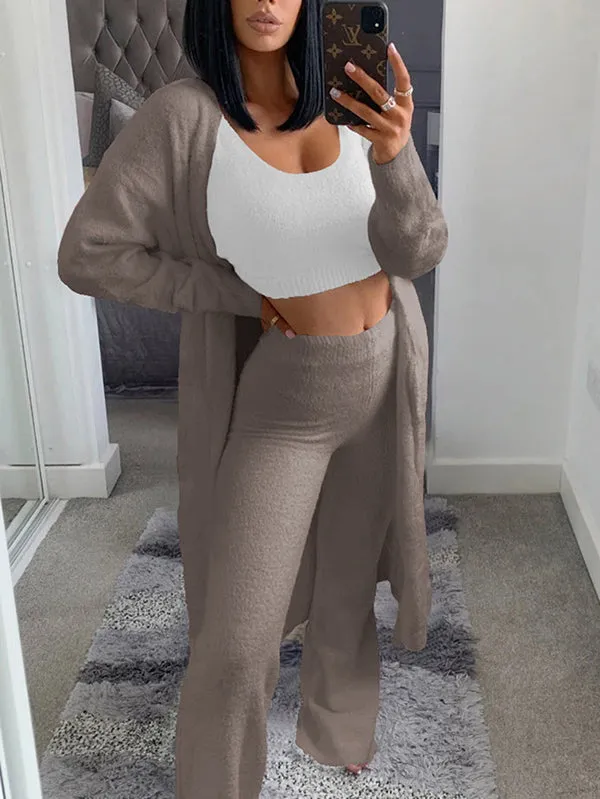 Womens Sexy 3 Piece Outfits Fuzzy Cardigan Crop Top Long Pants Set Loungewear