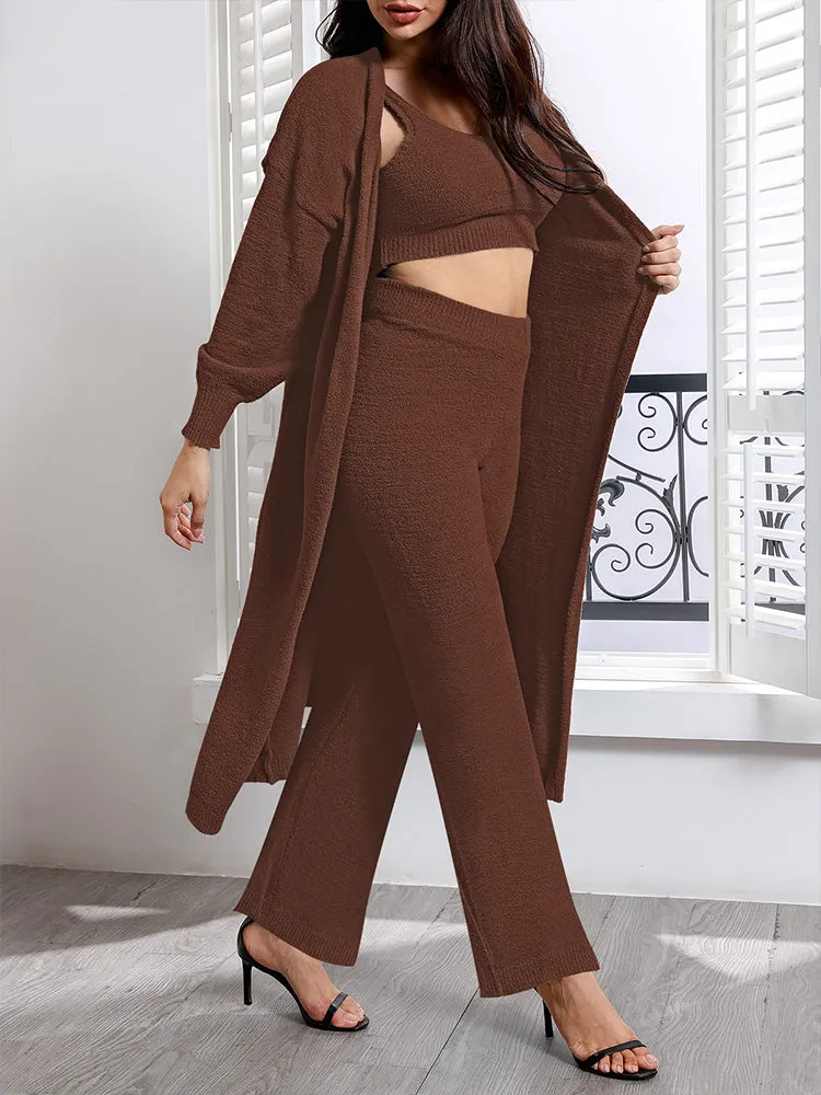 Womens Sexy 3 Piece Outfits Fuzzy Cardigan Crop Top Long Pants Set Loungewear