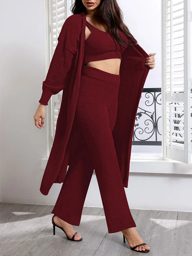 Womens Sexy 3 Piece Outfits Fuzzy Cardigan Crop Top Long Pants Set Loungewear