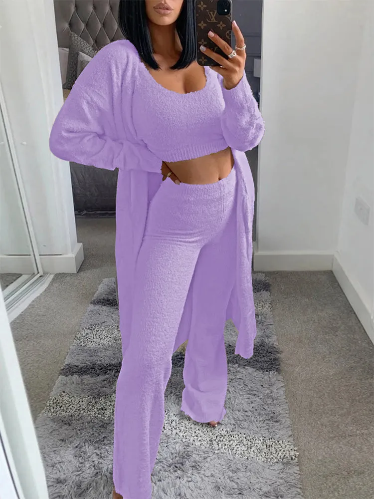 Womens Sexy 3 Piece Outfits Fuzzy Cardigan Crop Top Long Pants Set Loungewear