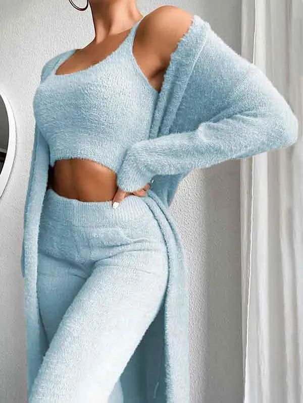 Womens Sexy 3 Piece Outfits Fuzzy Cardigan Crop Top Long Pants Set Loungewear