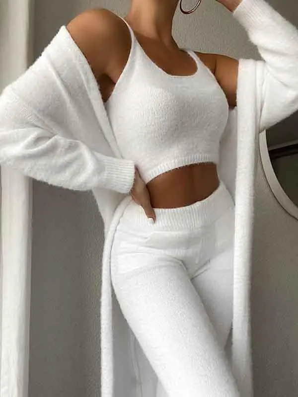 Womens Sexy 3 Piece Outfits Fuzzy Cardigan Crop Top Long Pants Set Loungewear