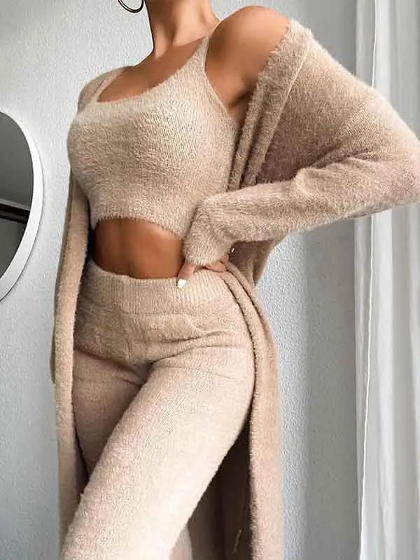 Womens Sexy 3 Piece Outfits Fuzzy Cardigan Crop Top Long Pants Set Loungewear