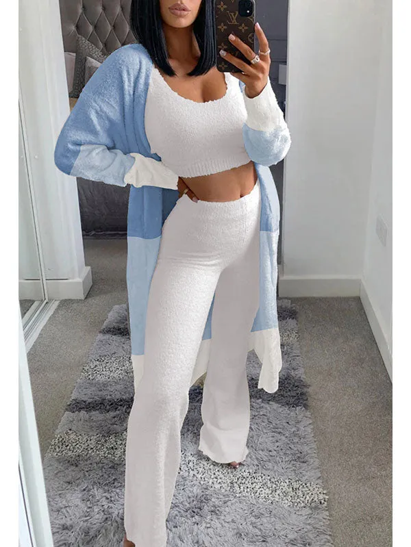 Womens Sexy 3 Piece Outfits Fuzzy Cardigan Crop Top Long Pants Set Loungewear