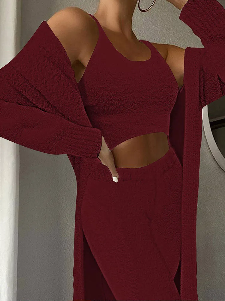 Womens Sexy 3 Piece Outfits Fuzzy Cardigan Crop Top Long Pants Set Loungewear