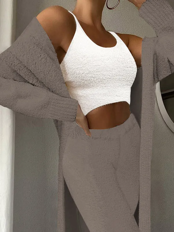 Womens Sexy 3 Piece Outfits Fuzzy Cardigan Crop Top Long Pants Set Loungewear