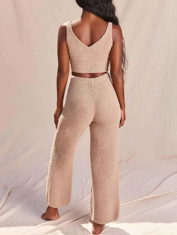 Womens Sexy 3 Piece Outfits Fuzzy Cardigan Crop Top Long Pants Set Loungewear