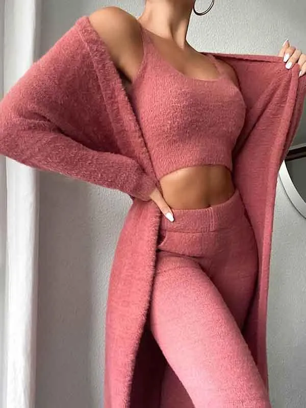 Womens Sexy 3 Piece Outfits Fuzzy Cardigan Crop Top Long Pants Set Loungewear