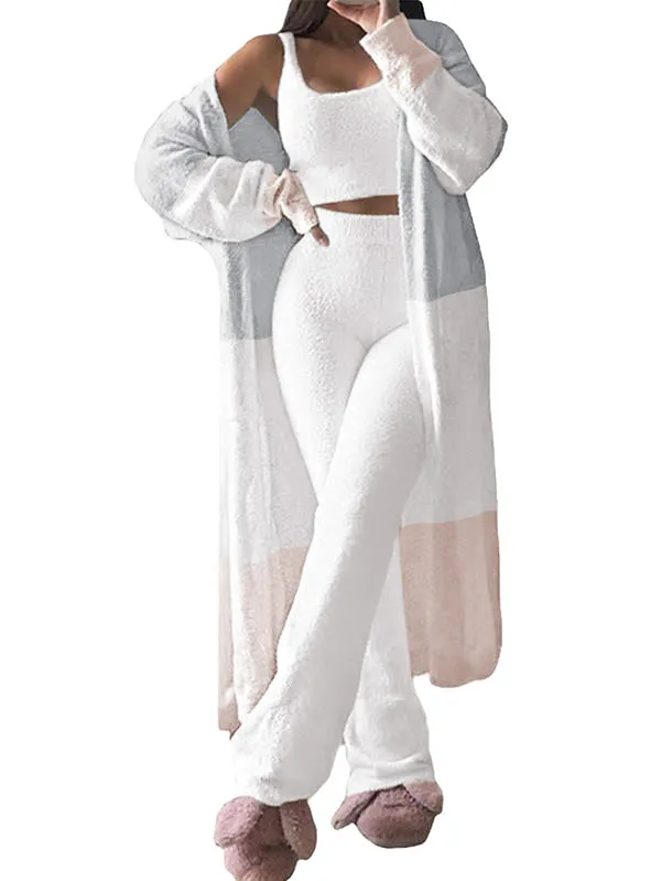 Womens Sexy 3 Piece Outfits Fuzzy Cardigan Crop Top Long Pants Set Loungewear