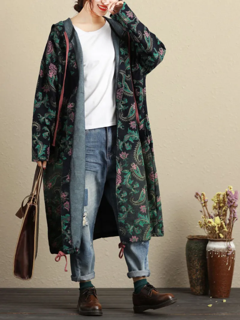 Women's Side Pocket Style Hooded Print Cardigan