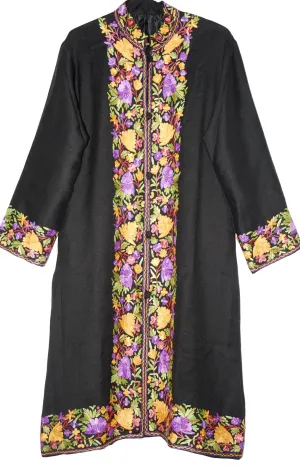 Woolen Coat Long Jacket Black, Multicolor Embroidery #BD-113